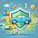A flat design illustration on the theme of car insurance. The image features a modern car under a protective shield, with icons representing safety, r