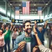 A joyous scene at an American airport where a Green Card holder is returning to the USA. The image captures the moment of reunion, with the Green Card