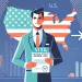 A modern, vibrant flat-style illustration depicting the EB-2 NIW (National Interest Waiver) visa process. The image features a confident professional,