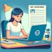 A flat design illustration featuring a young woman sitting at her desk, focused on responding to a Request for Evidence (RFE) from USCIS. The desk is