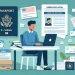 A flat design illustration of an F-1 visa student in the USA, working on filing a green card application. The student is sitting at a desk with a lapt