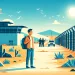 flat style illustration showing an asylum seeker at the US-Mexico border. The scene includes a border fence with barbed wire, a desert landscape, an