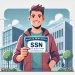 A flat-style illustration of a cheerful American student holding a Social Security Number (SSN) card. The student is wearing casual clothes, like a ho