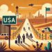 A flat-style illustration for social media depicting the journey to the US through Mexico for political asylum. The scene includes a border crossing w