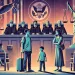 A dramatic courtroom scene inside the Supreme Court with judges in robes making a decision. In the foreground, a worried immigrant family stands