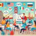 flat-style illustration of a language school in San Francisco. The scene features a diverse group of students learning together in a modern classroo